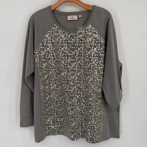 Quacker Factory Womens Sequin Embellished Gray Long Sleeve Top size 1X plus new - Picture 5 of 14